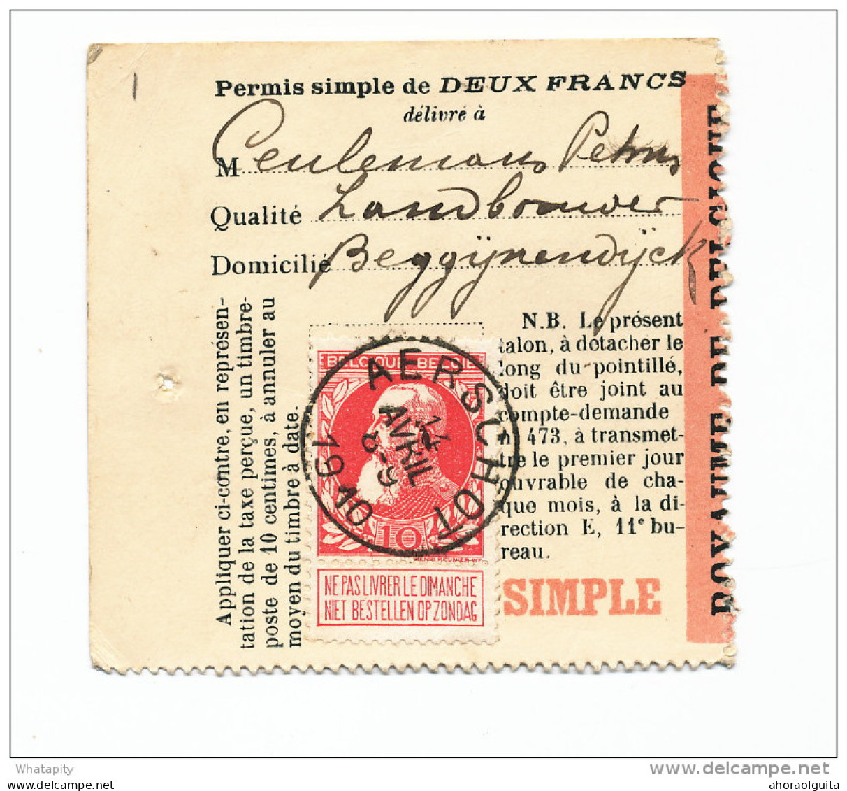 PERMIS De PECHE à 2 Francs - TP Grosse Barbe AERSCHOT 1910 --  WW765 - Folletos De La Oficina De Correos