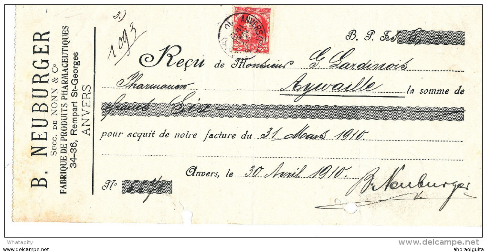 BELGIQUE - Document Financier Via Poste Belge 1910 - Produits Pharmaceutiques Neuburger à ANVERS   -- VV435 - Apotheek