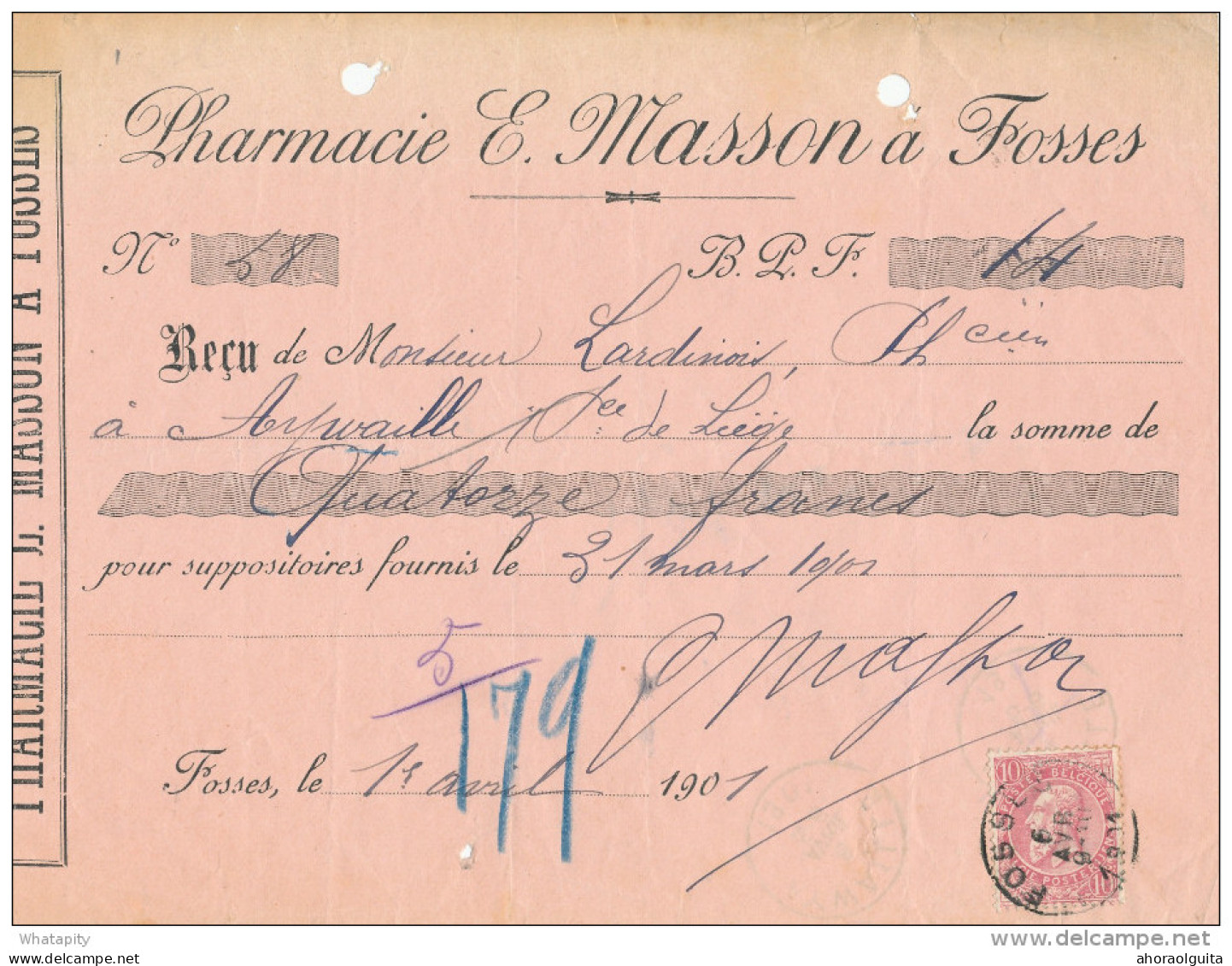 BELGIQUE - Document Financier Via Poste Belge 1901 - Pharmacie Masson à FOSSES  -- VV433 - Apotheek