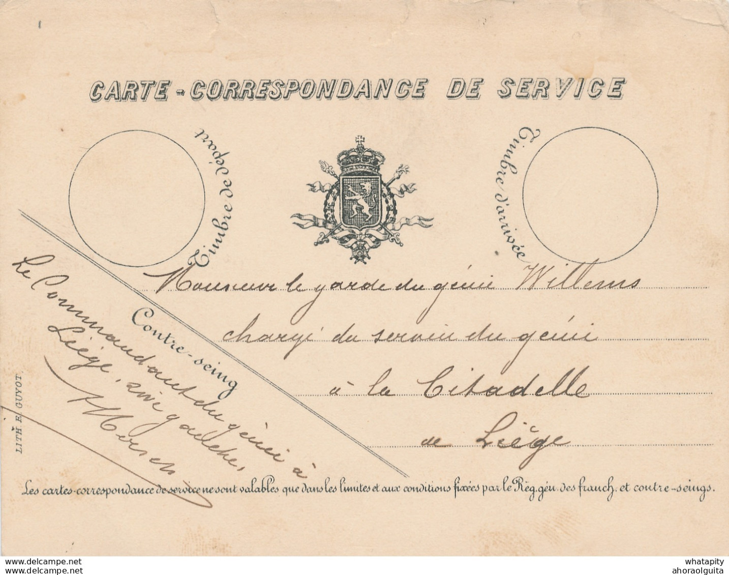 ZZ880 - Carte De Service 1891 - Le Commandant Du Génie à LIEGE , Rive Gauche Vers La Citadelle - Lettres & Documents