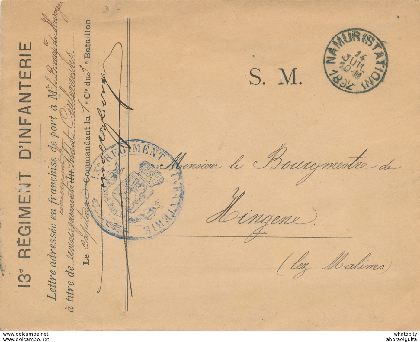 ZZ888 - RARE Enveloppe Préimprimée En S.M. - Cachet 13è Régiment D' Infanterie - NAMUR Station 1892 à HINGENE Via PUERS - Briefe U. Dokumente