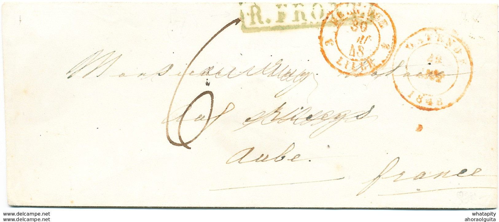 ZZ222 - Enveloppe Précurseur OSTENDE 1848 Vers La France - Marque RFRONT En Vert De L' Ambulant De L' Ouest - Transit Offices