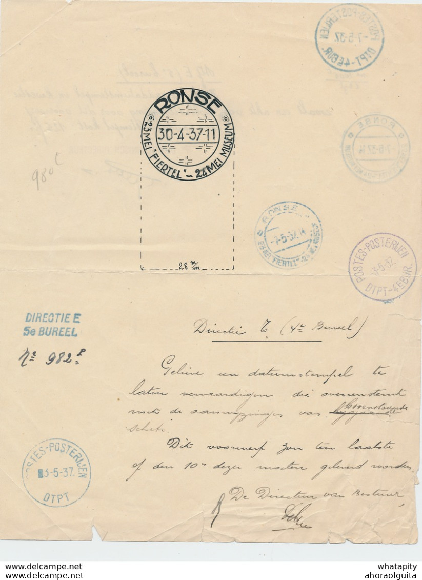 ZZ479 - RONSE Cachet Toutistique 1937  - 3 Documents Direction Des Postes Sur La Fabrication Du Cachet - Folletos De La Oficina De Correos