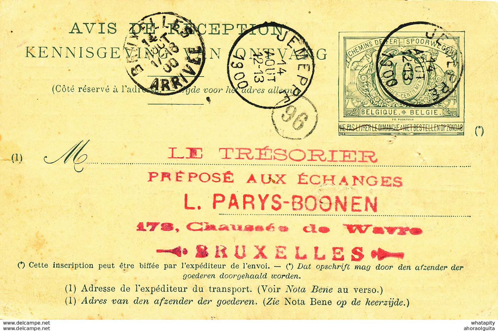 YY 234 - Entier Postal Avis De Réception Cachet De Gare Nord Belge JEMEPPE N.B. 1900 Via JEMEPPE Poste Vers BXL - Nord Belge