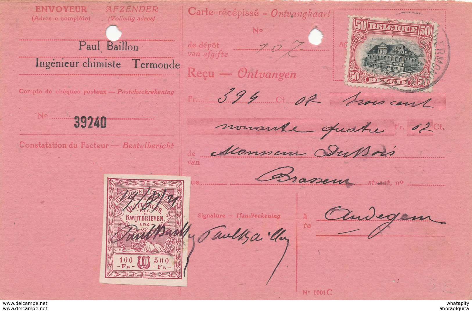 YY546 - Carte-Récépissé TP Petit Albert DENDERMONDE 1921 Vers Hector Dubois , Brasseur à AUDEGEM - Birre