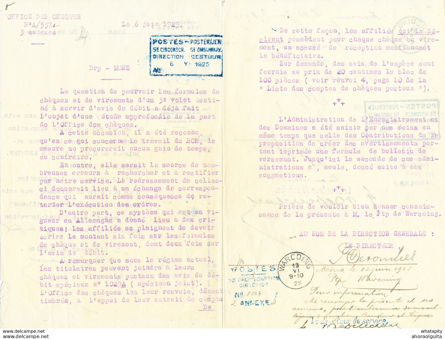 YY667 - Document De La Poste En 5 Pages 1925 - Cachets LIGNE , WARCOING Et Postes Direction 5ème Circ. En Bleu - Post Office Leaflets