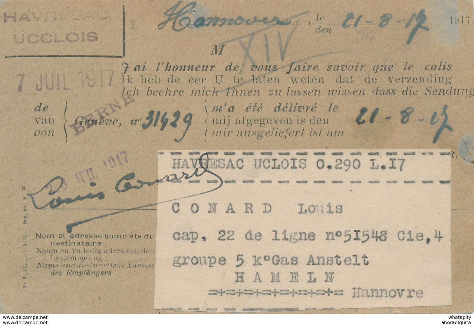 289/28 - Carte-Formule Du HAVRESAC UCCLOIS + RARE Etiquette - Prisonnier Belge à HAMELN 1917 - Réception D'un Colis - Prisoners