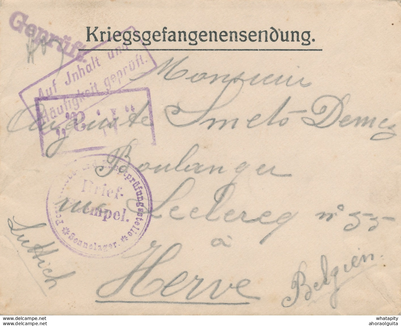 644/27 -  Lettre Kriegsgefangenen SENNE Lager - Prisonnier Civil Smets Vers HERVE 1916 - Censure Du Camp - Prisonniers