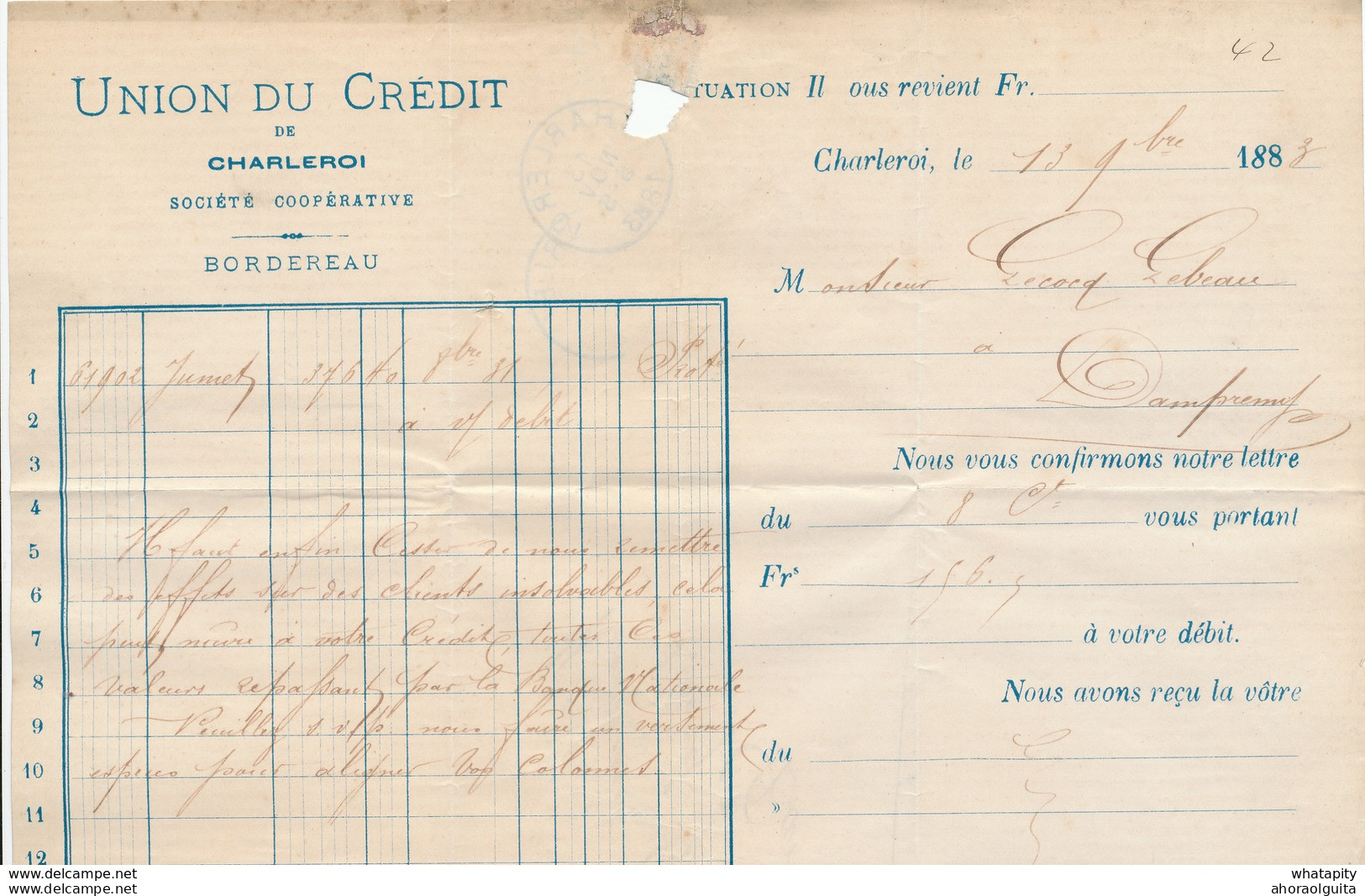 507/27 - Lettre TP 38 CHARLEROI 1883 Vers DAMPREMY - Entete Union Du Crédit - 1883 Leopold II.