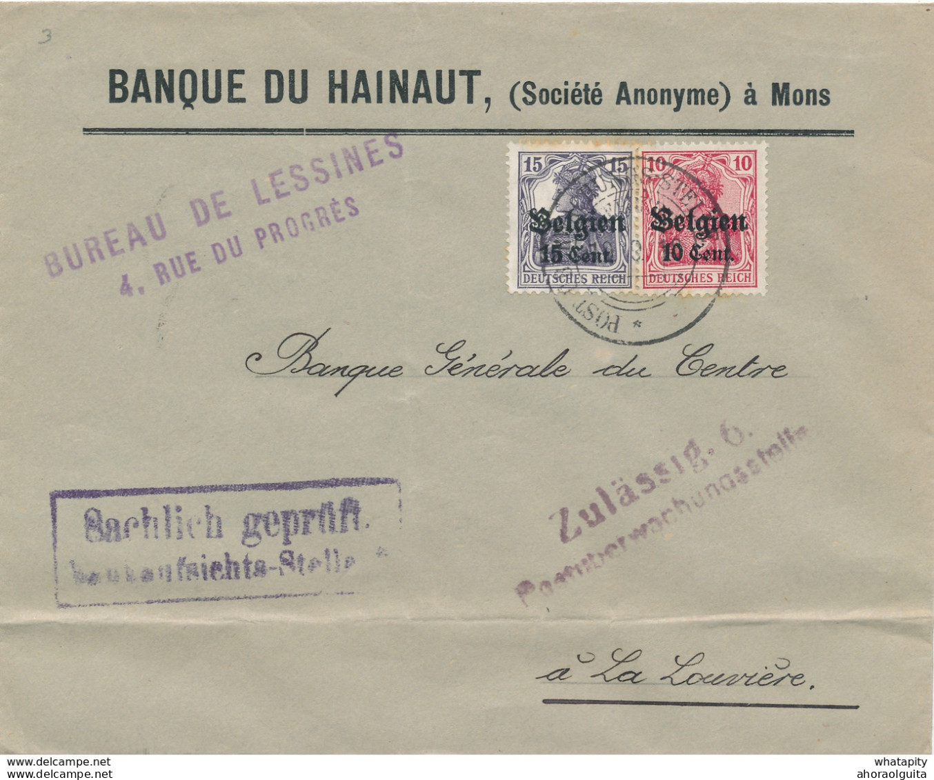 467/27 -- Lettre TP Germania Gouvernement Général !!! Censures Etapes 1918 - Entete Banque Du Hainaut à LESSINES - OC26/37 Territoire Des Etapes