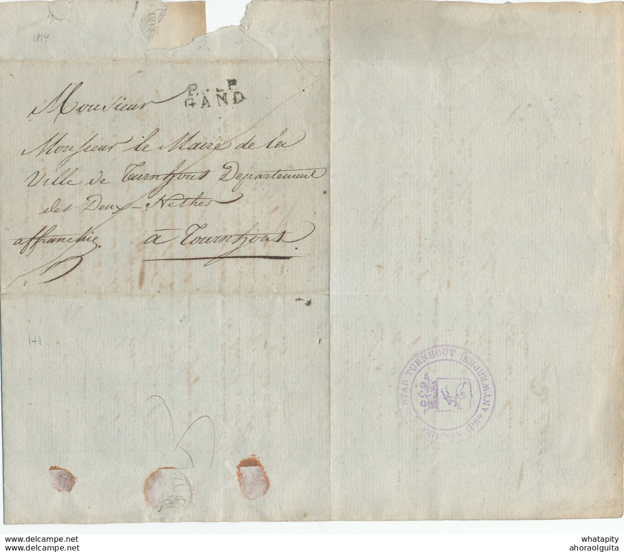 DDW 540 -- Lettre Précurseur De LOKEREN Via P. P. GAND 1814 Vers TURNHOUT ( Cachet De La Ville Au Verso ) - 1814-1815 (Gouv. Général De La Belgique)