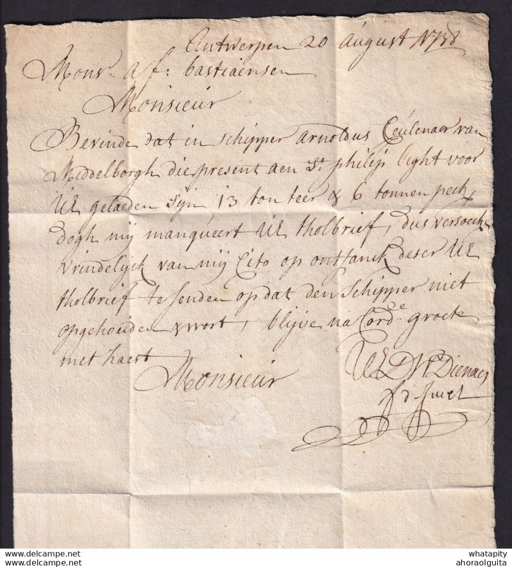 DDAA 557 - Lettre Précurseur ANTWERPEN 1738 Vers BRUXELLES - Port 1 Sol Craie - Texte Sur Un Batelier De MIDDELBURG - 1714-1794 (Oesterreichische Niederlande)