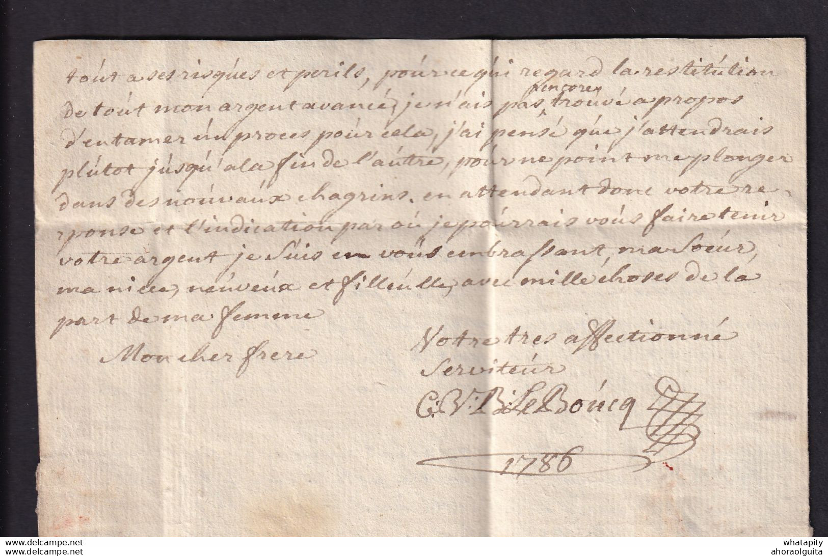 DDAA 558 - Lettre Précurseur BRUXELLES 1786 Vers PARIS - Port 12 Sols Encre - Signée Le Boucq - 1714-1794 (Austrian Netherlands)