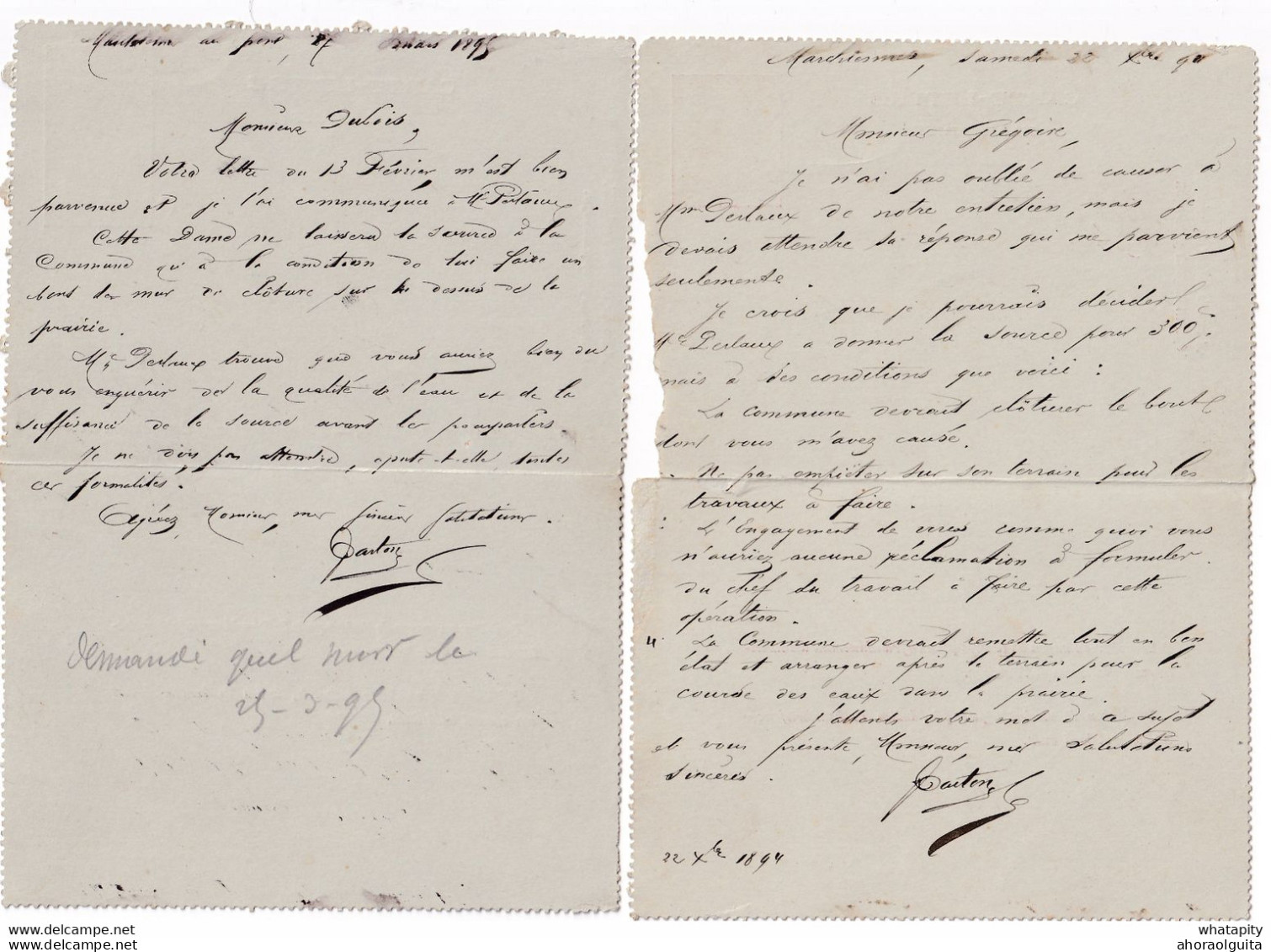 DDY 312 - 2 X Carte-Lettre Fine Barbe 1894/95 Vers Echevin Dubois Et Fermier Grégoire à CHASTRES Lez WALCOURT - Carte-Lettere