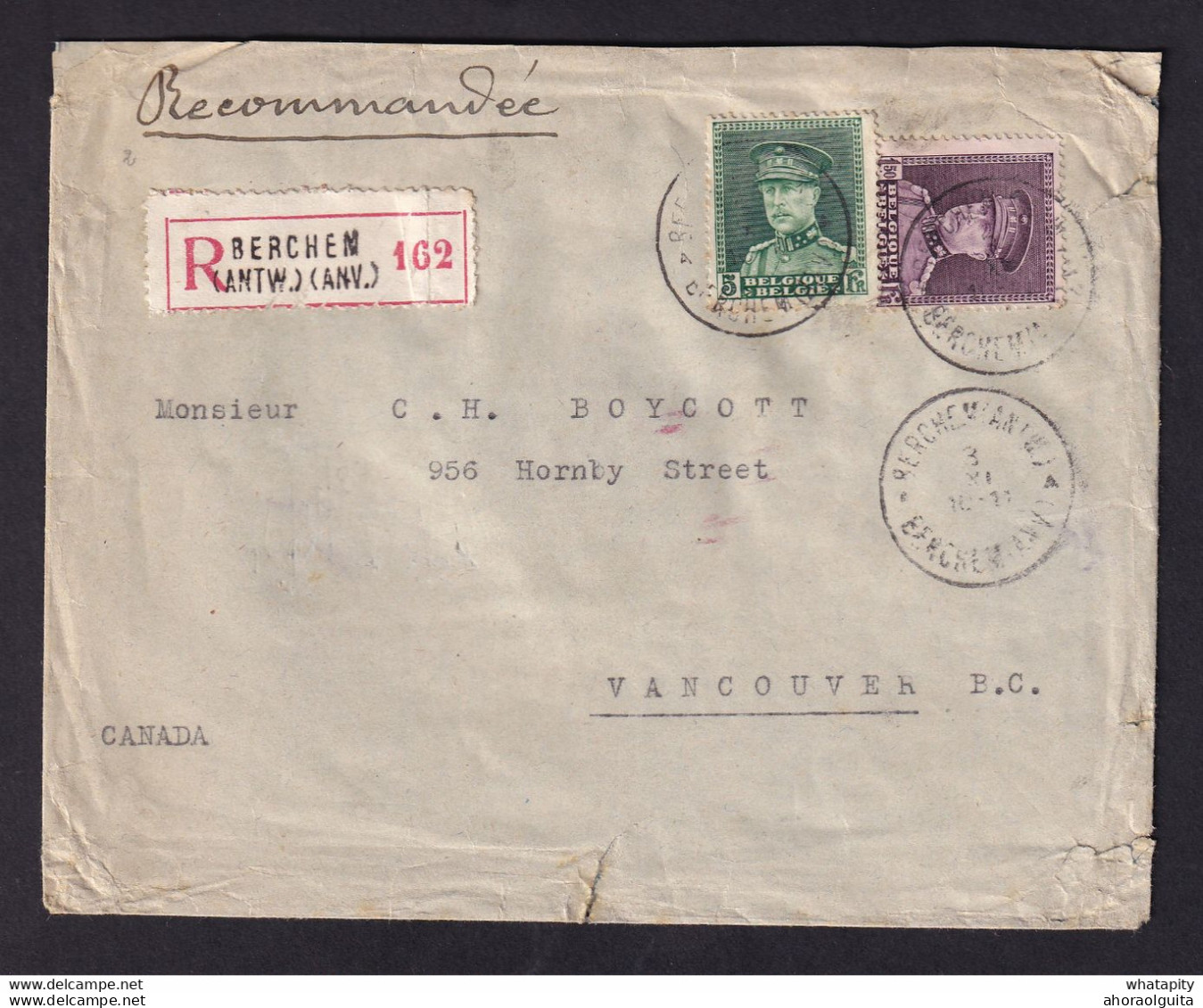 DDY 887 - Enveloppe Recommandée TP Képis BERCHEM Antwerpen 1932 Vers VANCOUVER Canada - Belle Destination - 1931-1934 Kepi