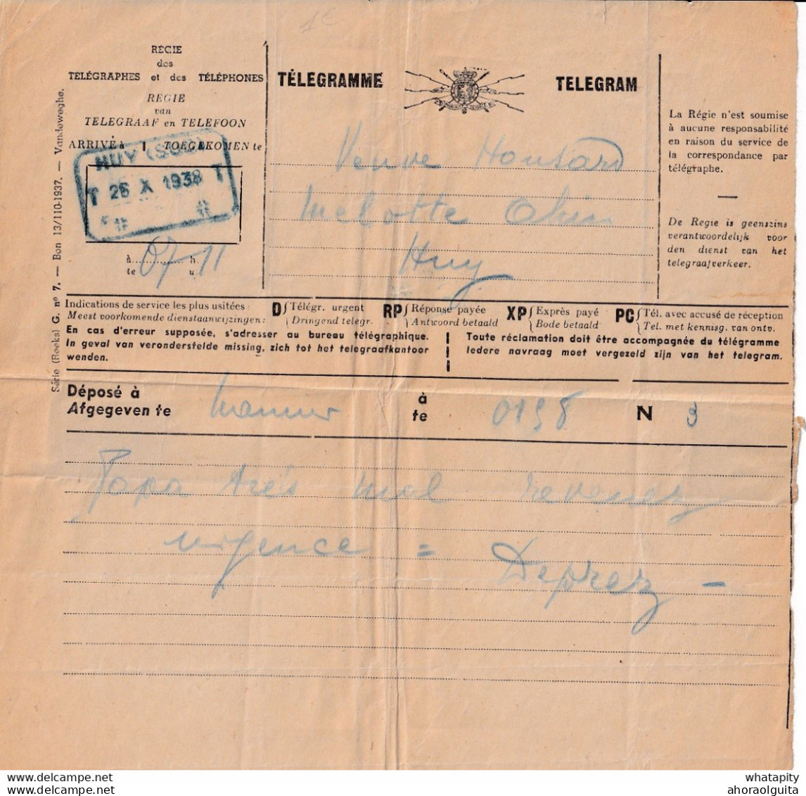 DDY 262 --  TELEGRAMME 1938 NAMUR Vers HUY Sud - Reçu Pour Frais D' EXPRES Payés Par Le Destinataire 2.00 F (RARE) - Francobolli Telegrafici [TG]