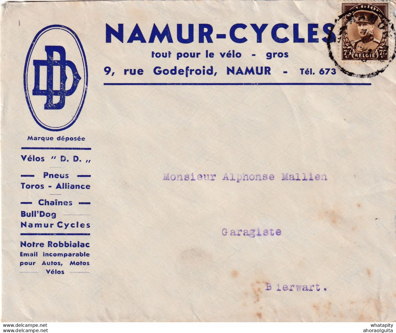 DDY 051 - Belgique - Lettre Publicitaire TP Képi NAMUR 1933 - Entete Namur-Cycles , Vélos , Pneus , Chaines ,... - Vélo