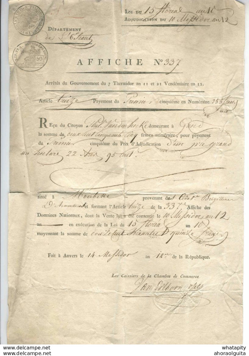 2 Documents Département De L'Escaut Vente De Biens Nationaux An 12 MOERBEKE (ex Brigittines D'Armentières) -- EE652 - Autres & Non Classés