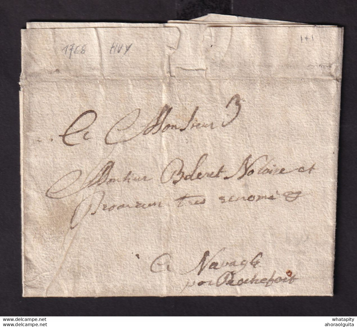 DDCC 805 - Lettre Précurseur HUY 1768 Vers Notaire Boleret à NAVAUGLE Près De ROCHEFORT - Signée De Martial - 1714-1794 (Pays-Bas Autrichiens)