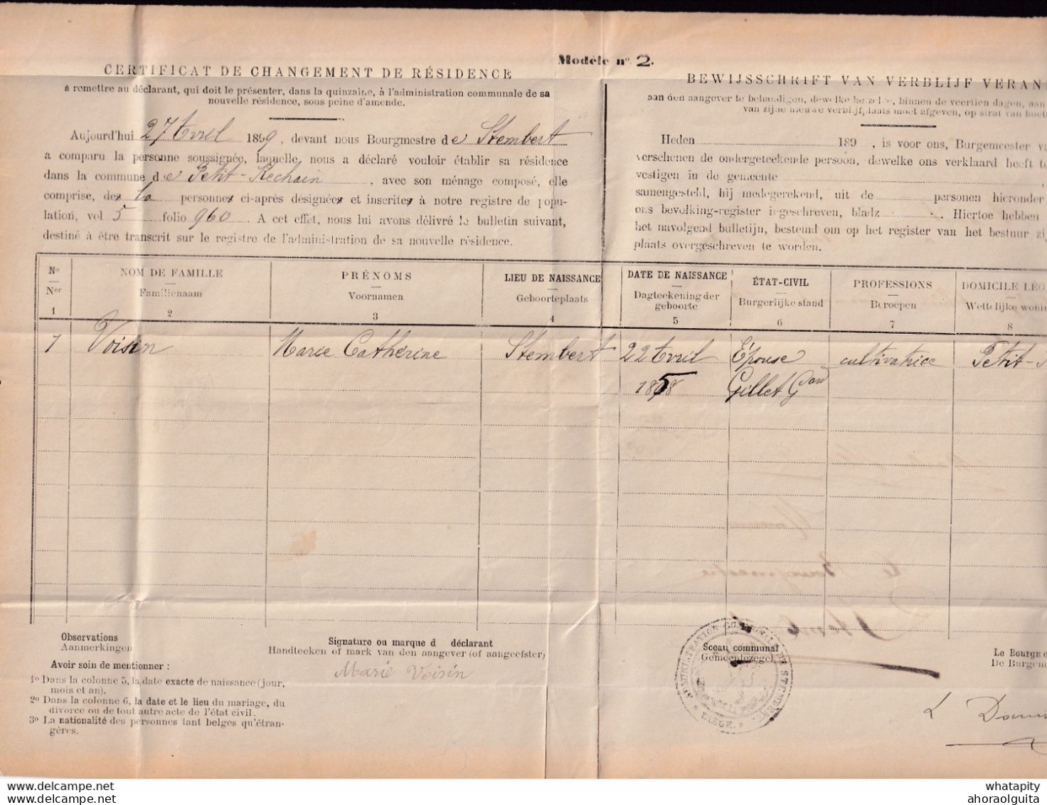 DDBB 746 - Certificat De Changement De Résidence De Mme Voisin En 1899 , De STEMBERT à PETIT-RECHAIN (Cachet Admin. Com) - Franchise