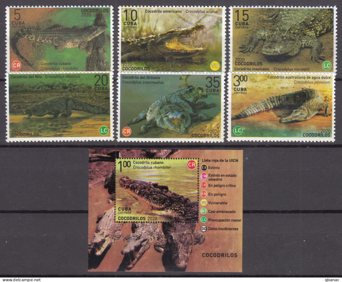 Cuba 2020 Crocodiles Mint Never Hinged Complete Set + Block - Ongebruikt