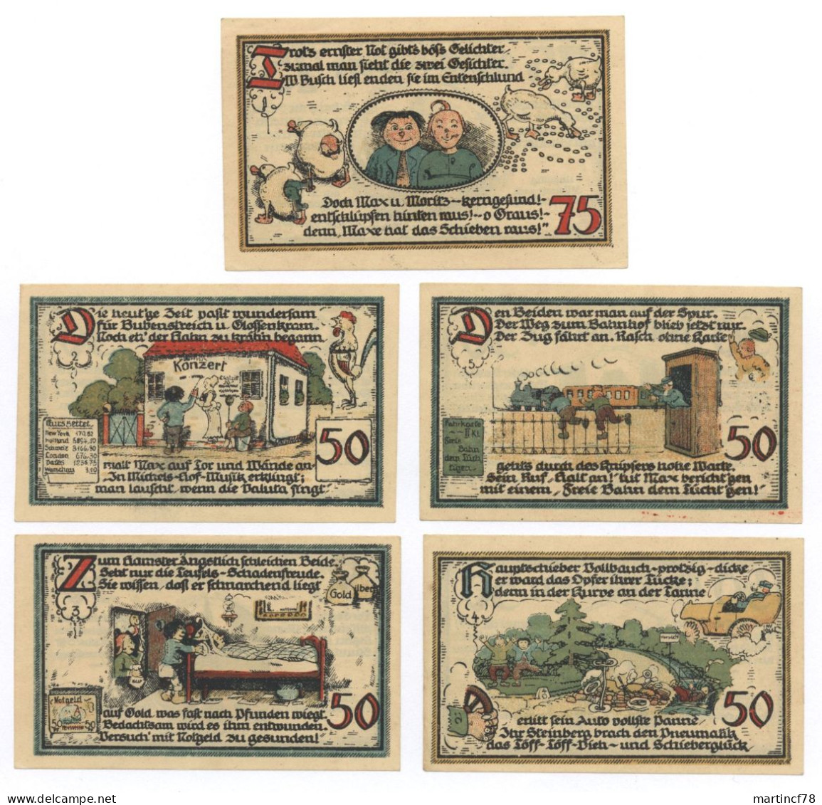 Notgeld Seriennotgeld Gatersleben 1921 4x 50 + 1x 75 Pfg. Max U. Moritz - Collections