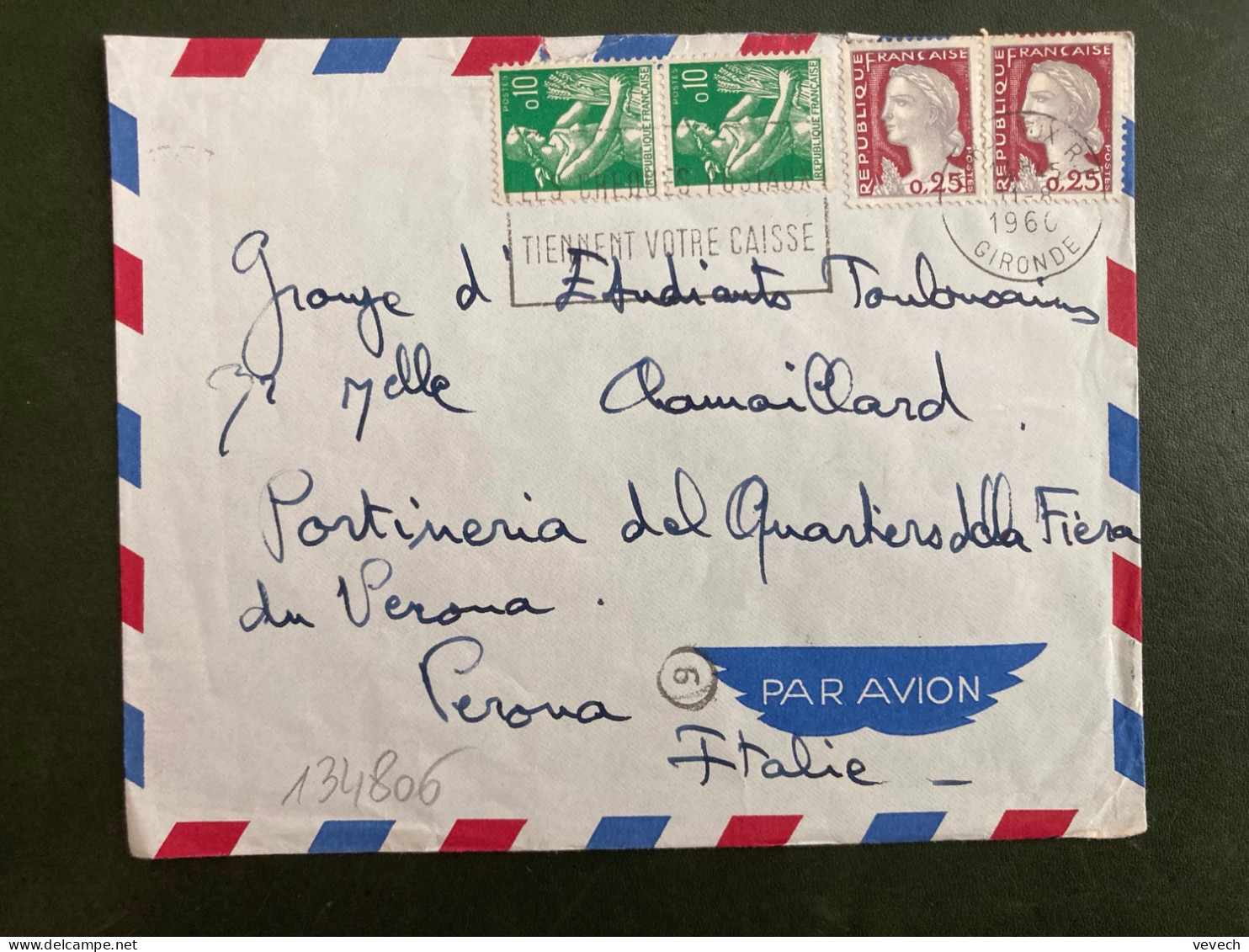 LETTRE Par Avion Pour ITALIE TP M. DE DECARIS 0,25 Paire + Paysanne 0,10 PAIRE OBL.MEC.11-8 1960 BORDEAUX RP GIRONDE (33 - 1957-1959 Mäherin