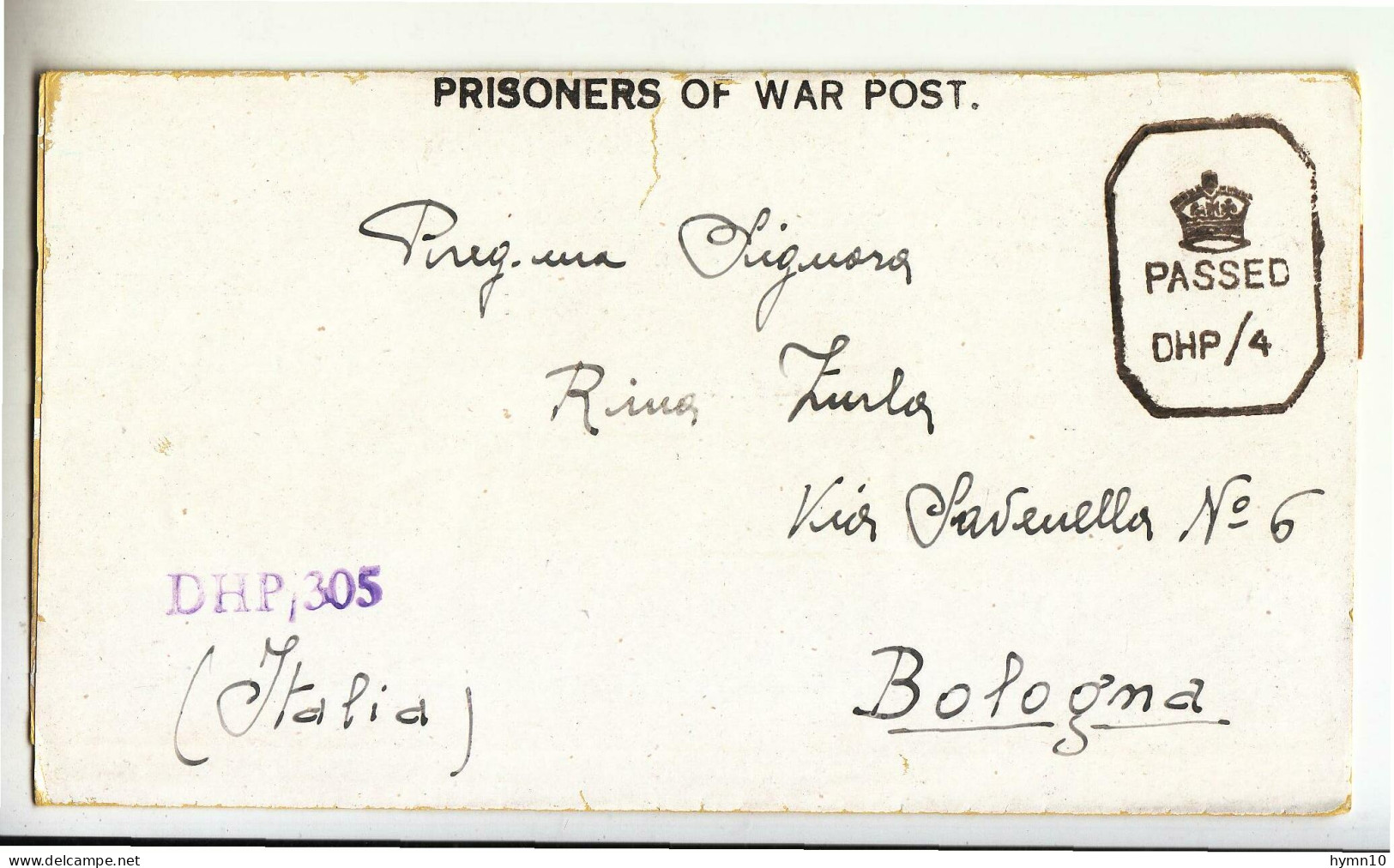 1945 POSTA PRIGIONIERI ITLAIANI Lettera PRIGIONIERO DI GUERRA Da BOMBEY/INDIA CAMP Nr.26/1 A BOLOGNA+timbro DHP/305-C78 - Militaire Vrijstelling Van Portkosten