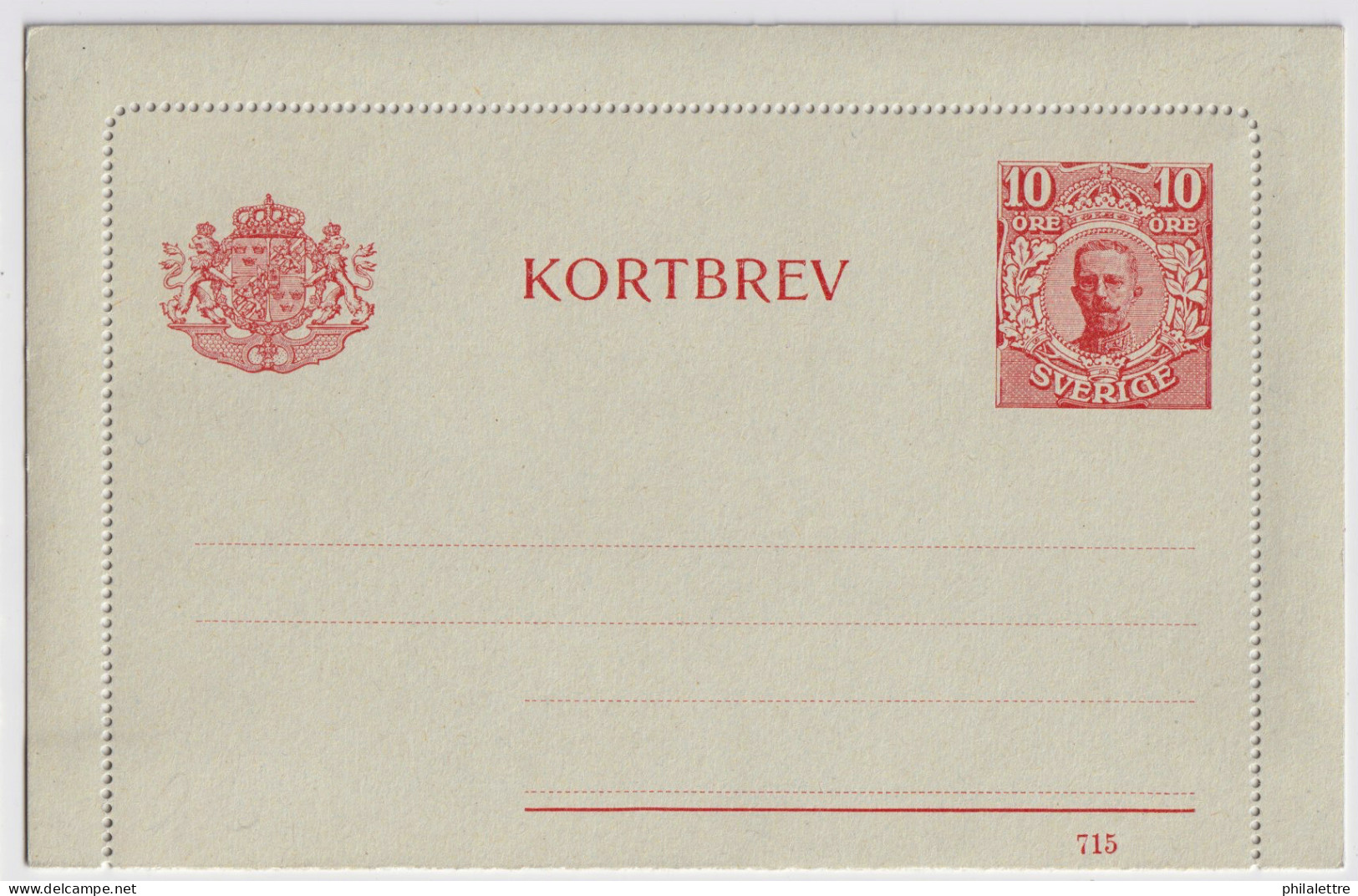SUÈDE / SWEDEN - 1915 - Letter-Card Mi.K13 10ö Red (d.715) Unused - Very Fine - Postal Stationery