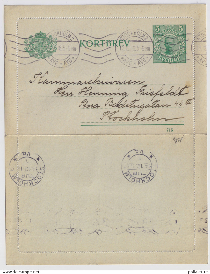 SUÈDE / SWEDEN - 1916 - Letter-Card Mi.K11 5ö Green (d.715) Used Locally In Stockholm - Reprinted - Postal Stationery