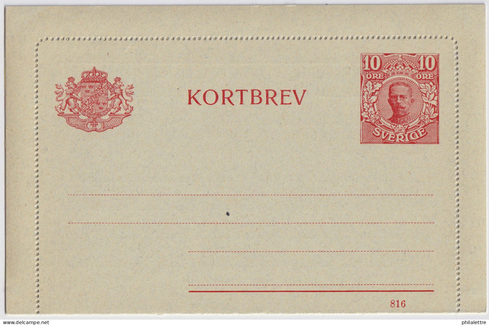 SUÈDE / SWEDEN - 1916 - Letter-Card Mi.K13 10ö Red (d.816) Unused - Very Fine - Postal Stationery