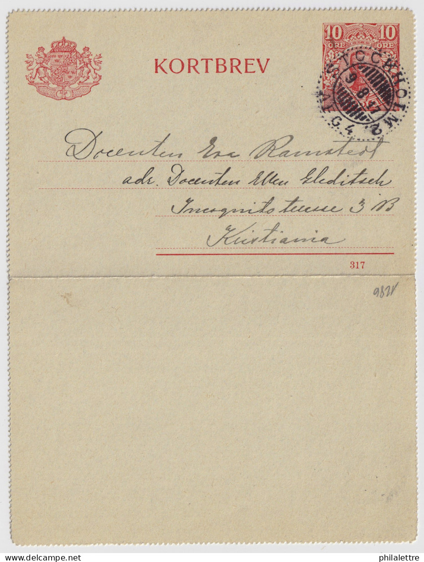 SUÈDE / SWEDEN - 1917 - Letter-Card Mi.K13 10ö Red (d.317) Used STOCKHOLM To OSLO (Kristiania), Norway - Entiers Postaux