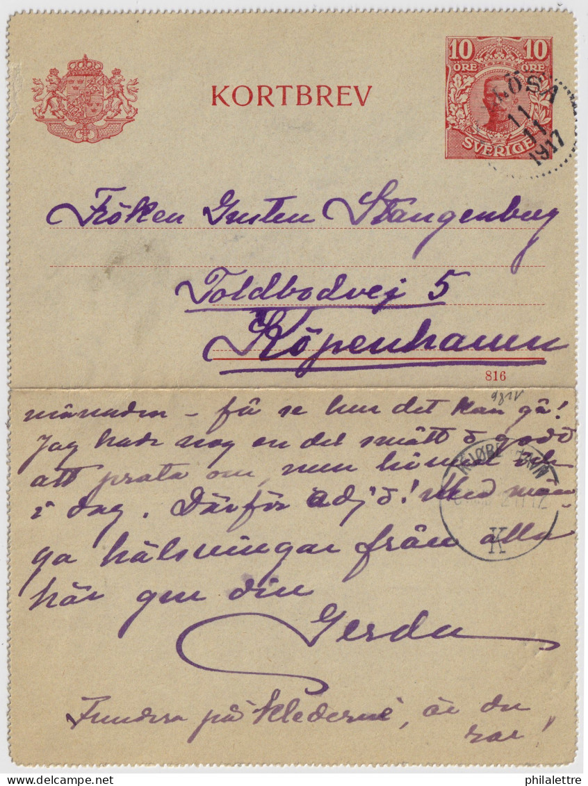 SUÈDE / SWEDEN - 1917 - Letter-Card Mi.K13 10ö Red (d.816) Used From MELLÖSA To COPENHAGEN, Denmark - Postal Stationery