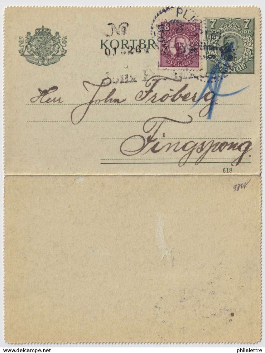 SUÈDE / SWEDEN - 1920 - Letter-Card Mi.K12 7ö Grey-green (d.618) +Facit 81 Used PLK210C - From LANDVETTER To FINGSPONG - Entiers Postaux
