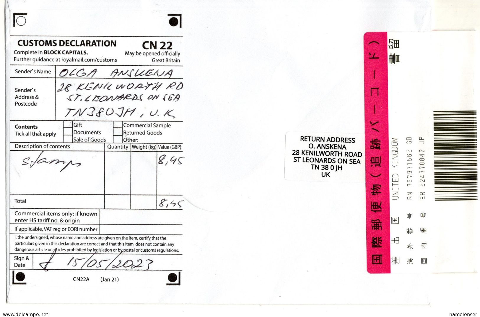 66607 - Grossbritannien - 2023 - 7@QEII "1st" A R-LpBf ST LEONARDS ON SEA -> Japan - Ohne Zuordnung