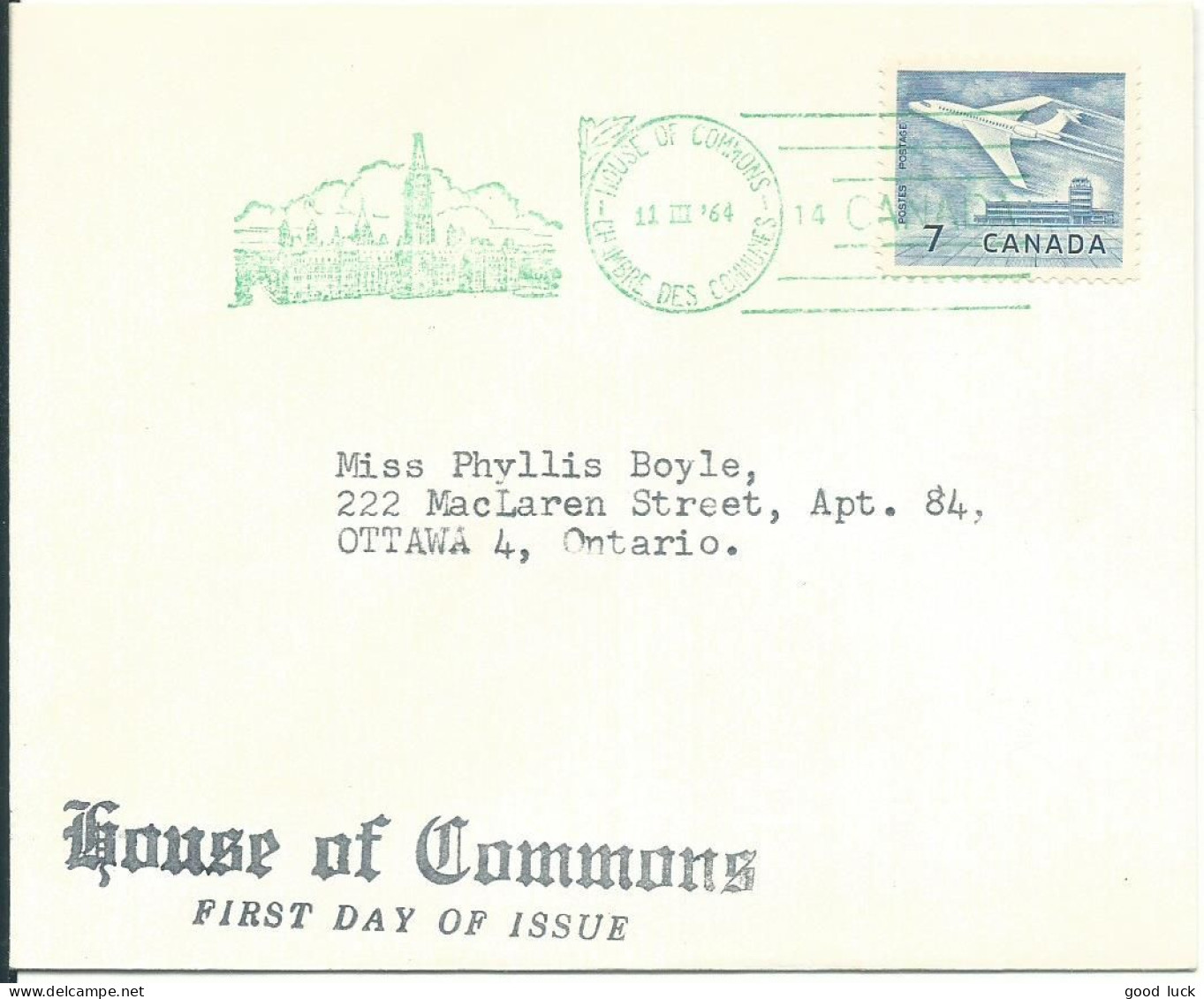 CANADA 7c OBLITERE CHAMBRE DES COMMUNES POUR OTTAWA ( ONTARIO ) DE 1964  LETTRE COVER - Briefe U. Dokumente