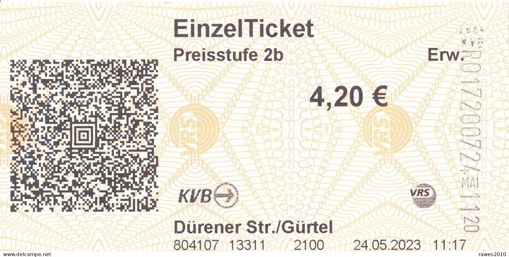 BRD Köln / Frechen EinzelTicket Preisstufe 2b 4,20 € Strassenbahn 2023 KVB Dürener Str. / Gürtel - Europe