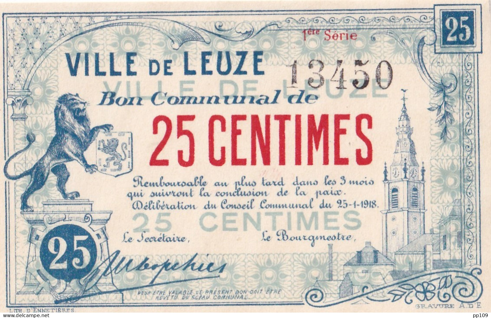 14-18  Billet De Nécessité  : Bon Communal De 25 Centimes VILLE DE LEUZE   - Andere & Zonder Classificatie