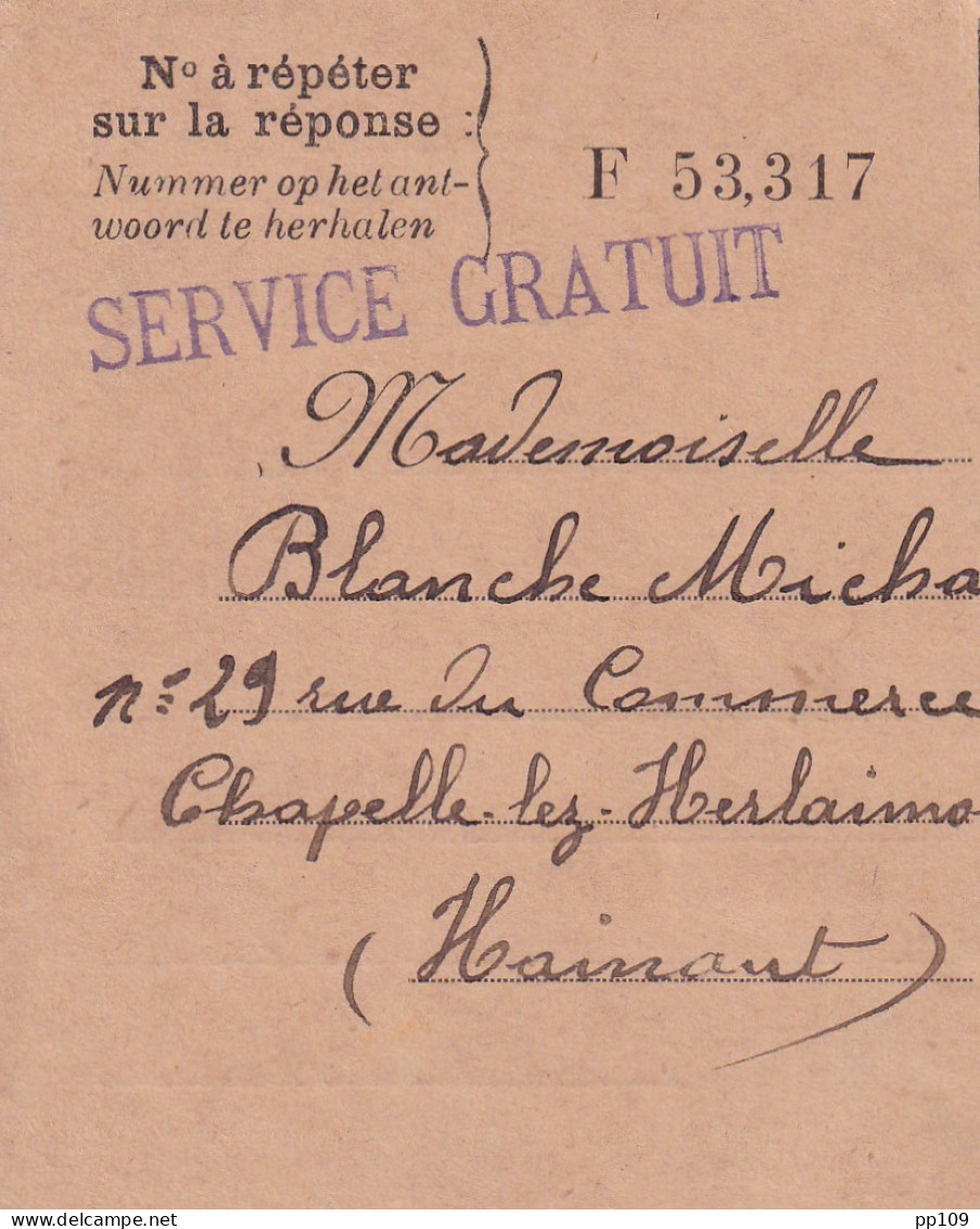  14-18 POSTE CLANDESTINE 2 Talons SERVICE GRATUIT Vers Chapelle-lez-Herlaimont + 5 L (avec Dentelure) Griffes Diverses  - Zona Non Occupata