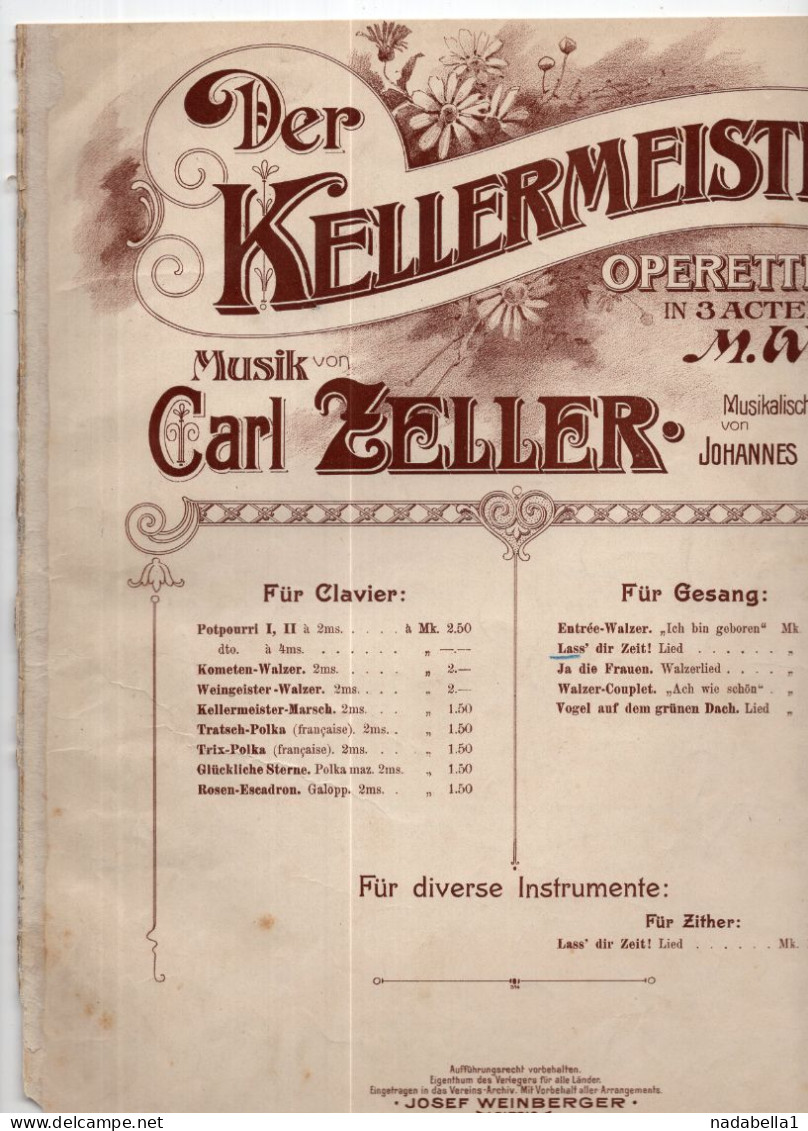 CARL ZELLER,OPERETTE ''DER KELLERMEISTER'',MUSIC SCORE,JOSEF WEINBERGER LEIPZIG ISSUE,7 PAGES,25 X 30cm - Opera