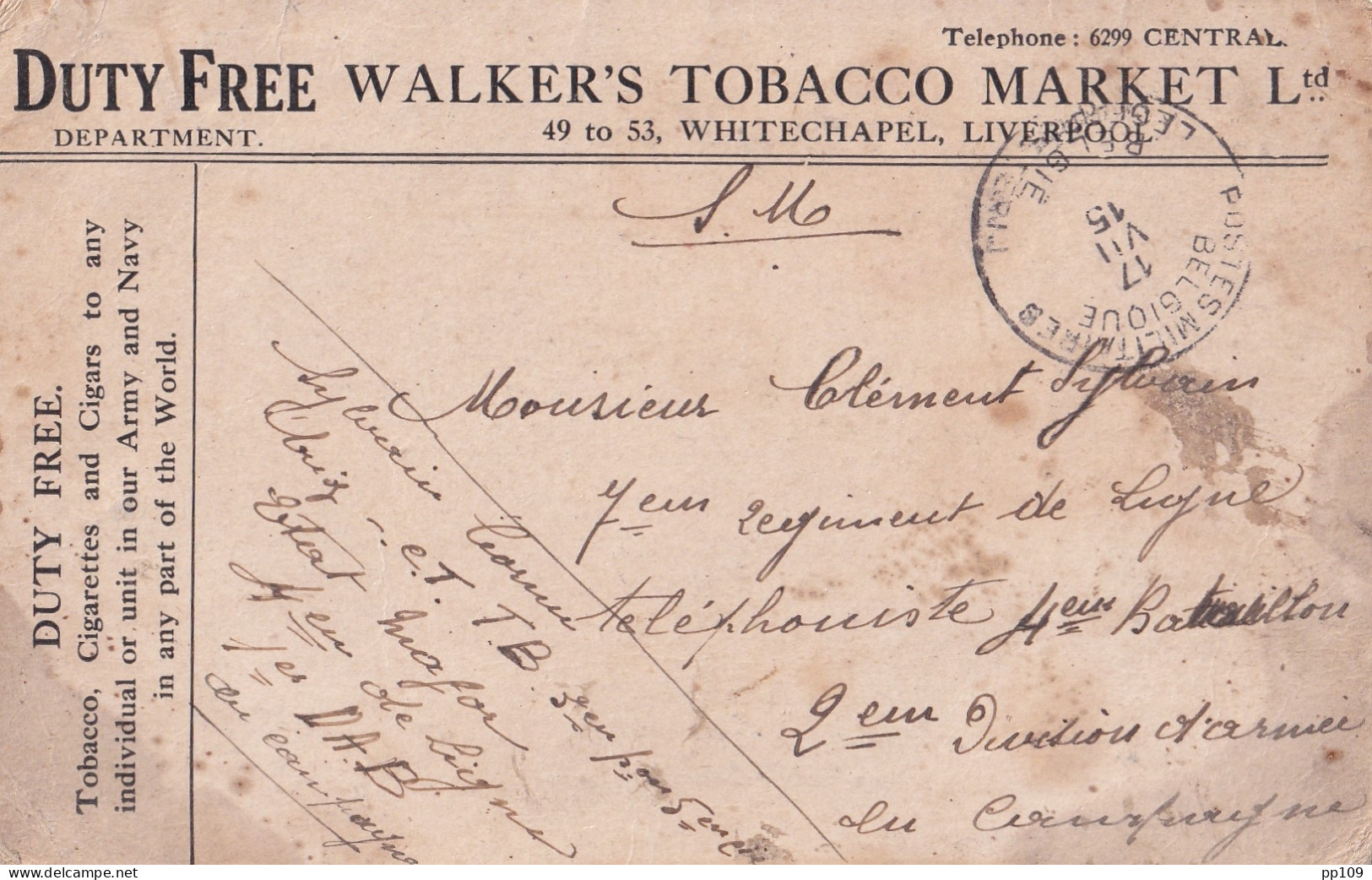 14-18 CP DUTY FREE WALKER'S TOBACCO MARKET Tabac  - Whitechapel Liverpool  PMB 17 V 1915 ! - Zona Non Occupata