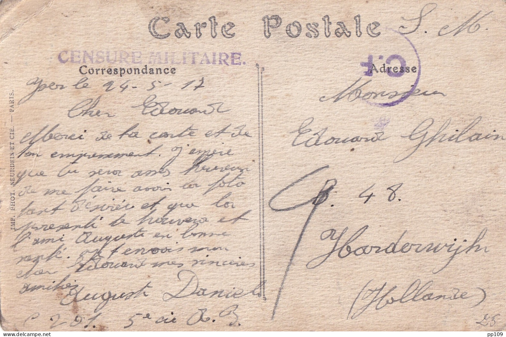 CP YSER 24 V 1917 Vers Un  Interné Aux Pays Bas HARDERWIJK  Griffe CENSURE MILITAIRE + C.F. Folkestone - Zone Non Occupée