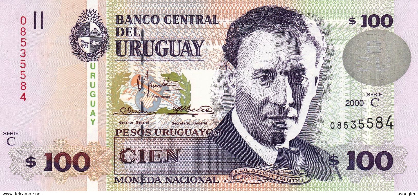 Uruguay 100 Pesos Uruguayos 2000 UNC P-84A "free Shipping Via Regular Air Mail (buyer Risk)" - Uruguay