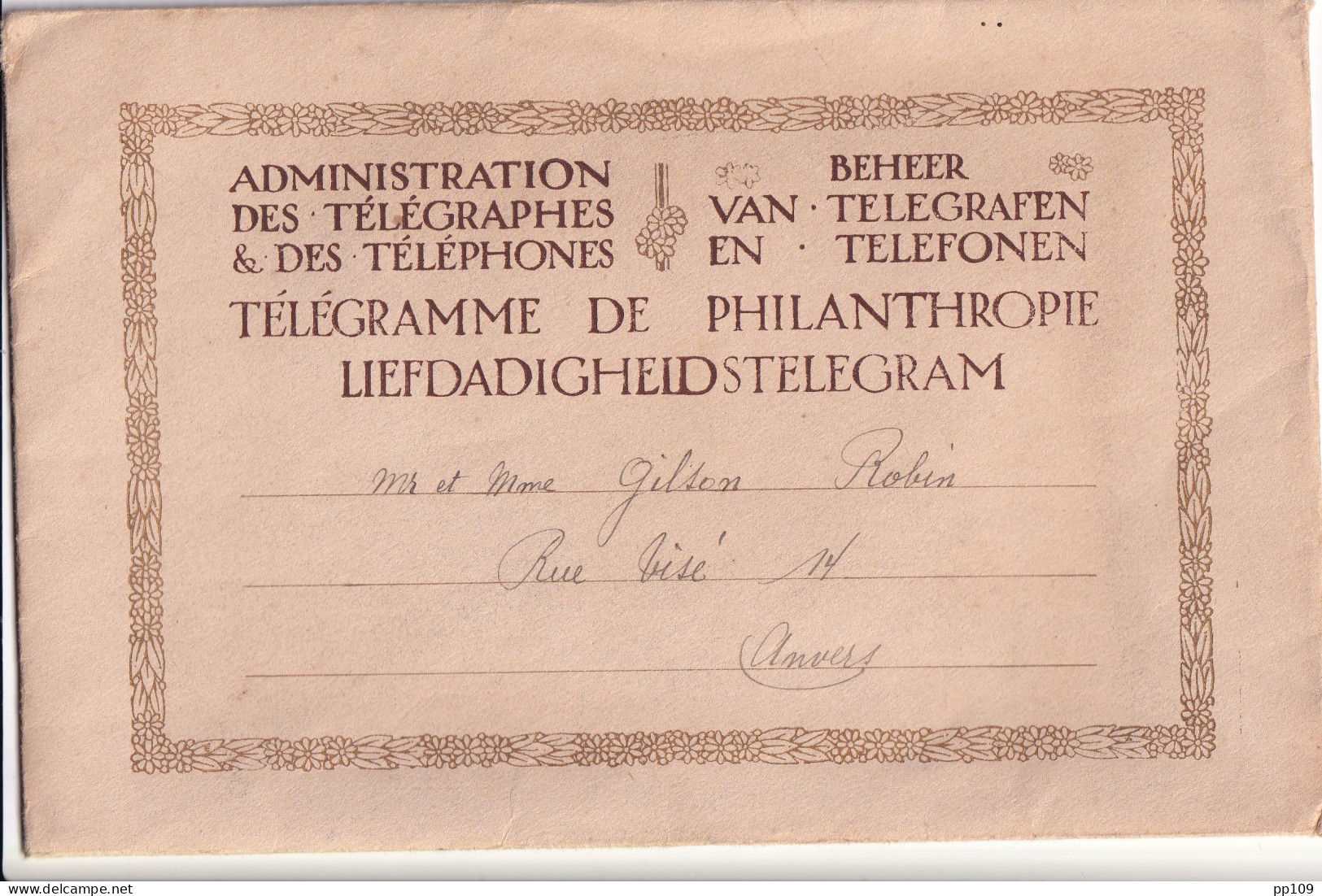 Télégramme Philantropie Telegram  N°2  STEVENS Ange Obl ANVERS 13 IX 1927   Avec Rare Enveloppe N°2 ! - Télégrammes