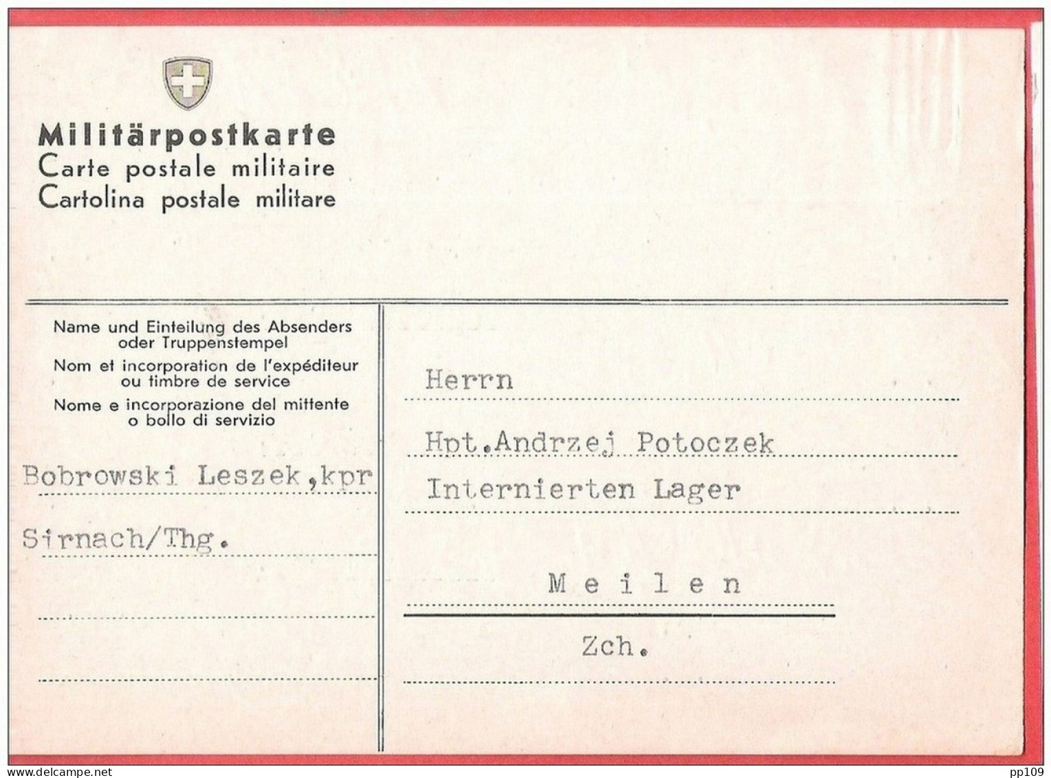 Militär Postkarte Interné Polonais SUISSE  SIRNACH Vers MEILEN  Internement  Camp 1945 - Campo De Prisioneros