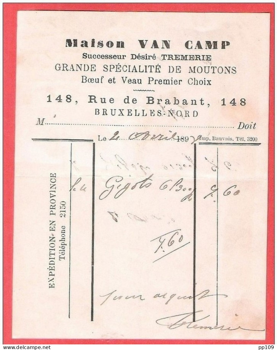 Ancienne Petite Facture MAison VAN CAMP Mouton Boeuf Veau Boucherie 148  Rue De Brabant  BRUXELLES SCHAERBEEK 20 IV 1898 - 1800 – 1899