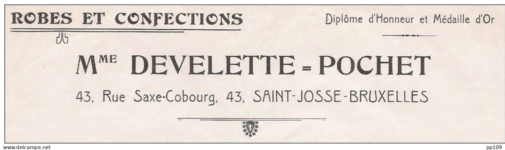 Ancienne Facture Oude Factuur   SAINT JOSSE TEN NOODE Rue Saxe Cobourg, 43 DEVELETTE POCHER Robe Confection 1925 - Vestiario & Tessile