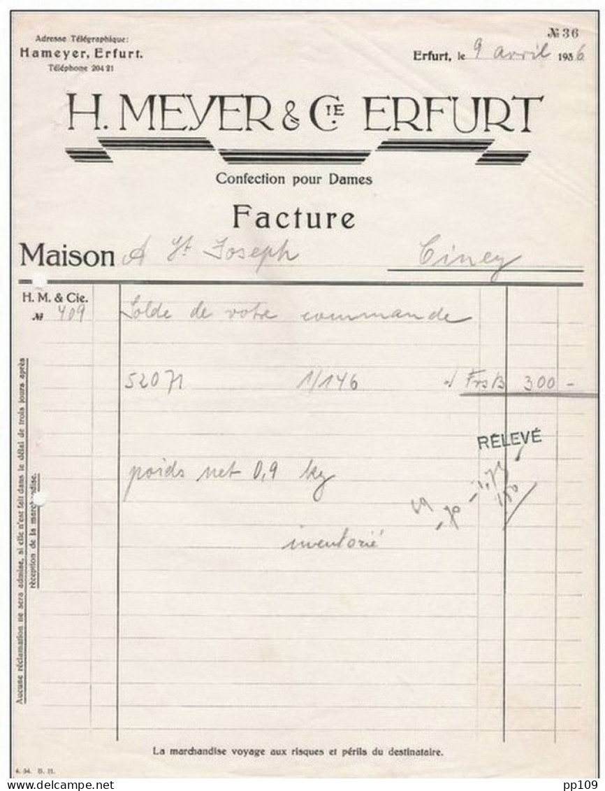 Ancienne Facture Confection H.MEYER &amp; Cie ERFURT  1936 - Sonstige & Ohne Zuordnung