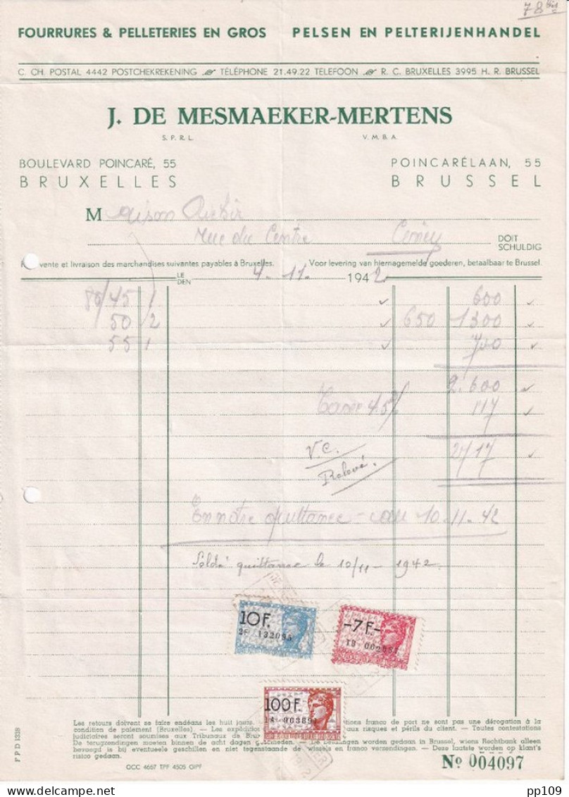 Ancienne Facture BRUXELLES 55, Bvd Poincaré DE MESMAEKER MERTENS Fourrure, Pelleterie 1942 - Kleidung & Textil