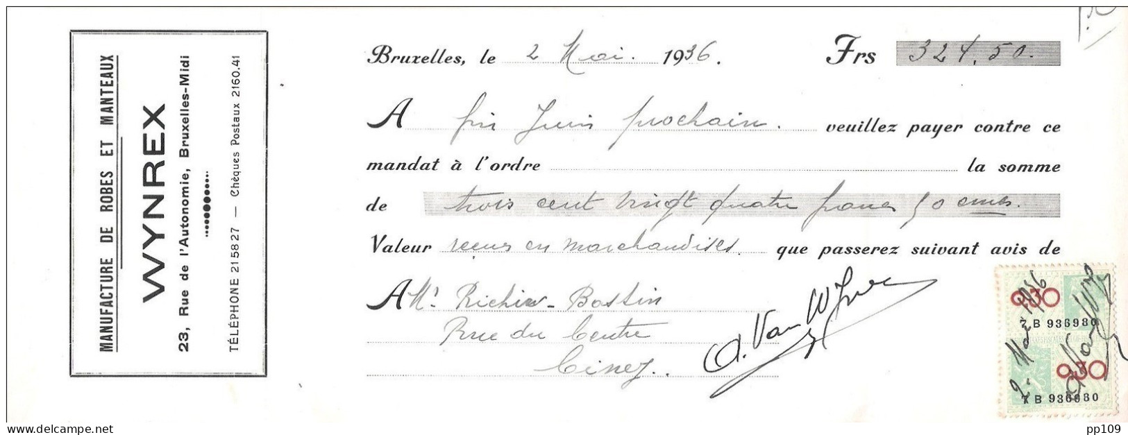 Mandat Pub WYNREX Robe Manteau Rue De L'autonomie  ANDERLECHT Bruxelles  Timbre Fiscal  1936 - Documents